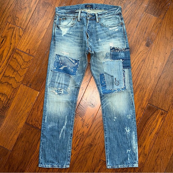 Polo By Ralph Lauren Varrick Slim Straight Koi Patchwork Distressed Jeans - Picture 1 of 14